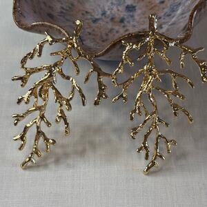 Gold Coral Branch Statement Earrings Bold Textured Nature Drop Jewelry
